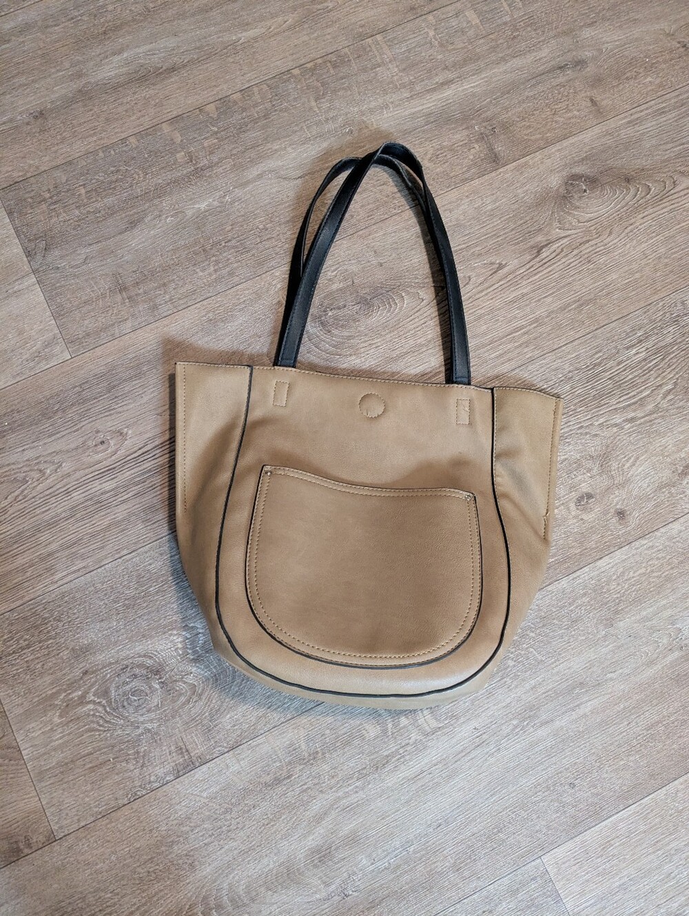 Classic Camel Colored Faux Leather Tote Bag with Black Handles